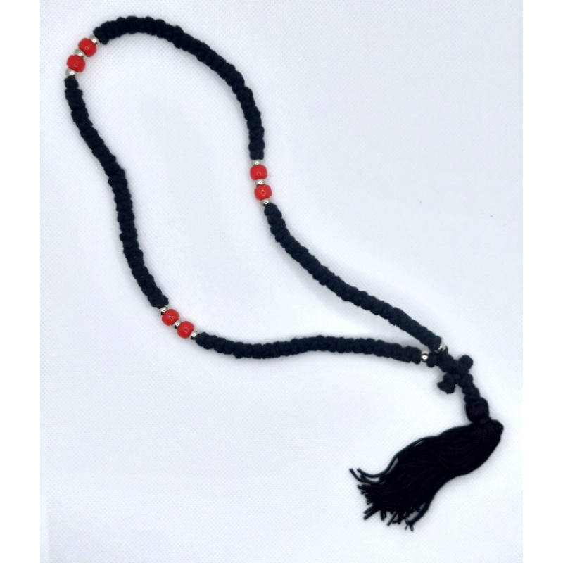 Ortodoxní černé čotky s 100 uzly a červenými korálky