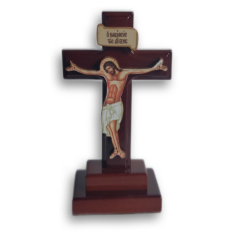 Dřevěný Kříž s Podstavcem 6x11,5cm - Ořechově Hnědý, Lesklý