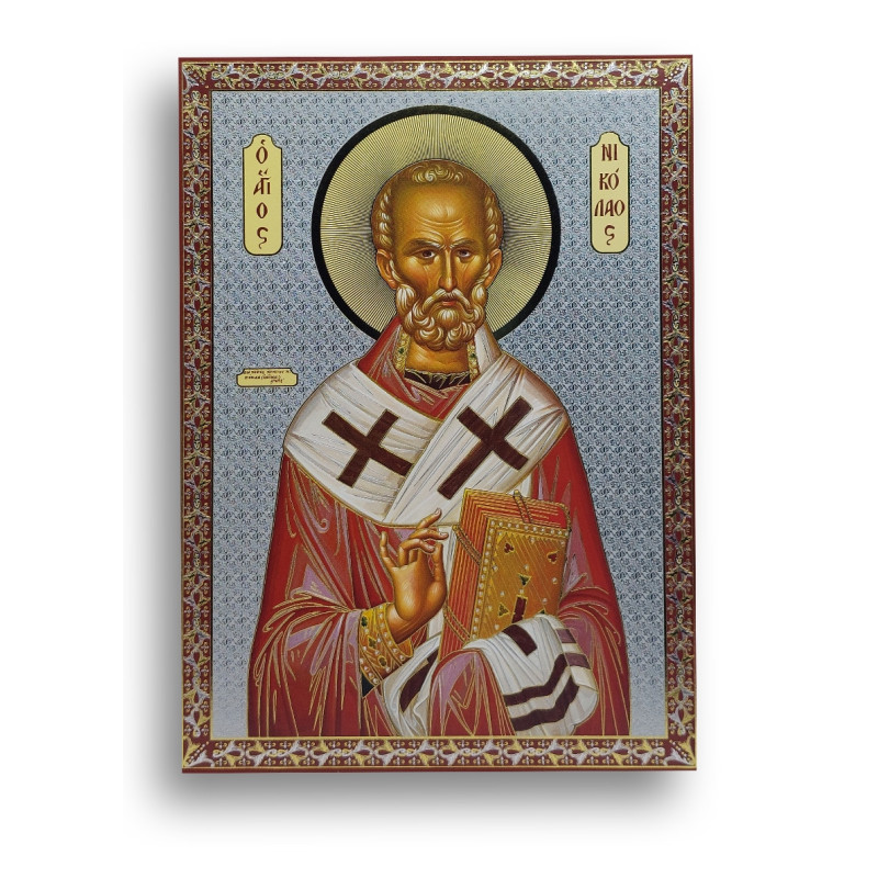 Ikona svatého Mikuláše z Myry, stříbrný tisk na dřevě, (ruský styl)