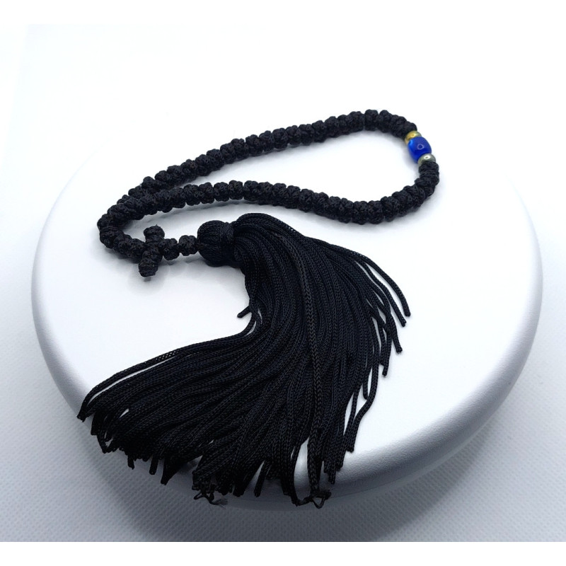 Řecké pravoslavné černé modlitební čotky s modrým korálkem, 22 cm