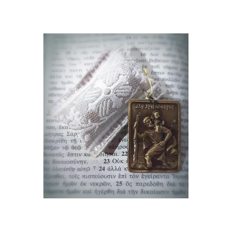 Ochranný přívěsek s kovovou ikonkou sv. Kryštofa (Christoforos)