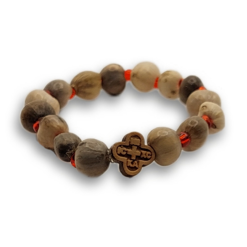 Náramek ze Slz Panny Marie s dřevěným křížem a červenými akcenty