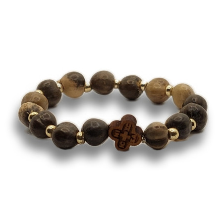 Náramek ze Slz Panny Marie s dřevěným křížkem (zlaté korálky)