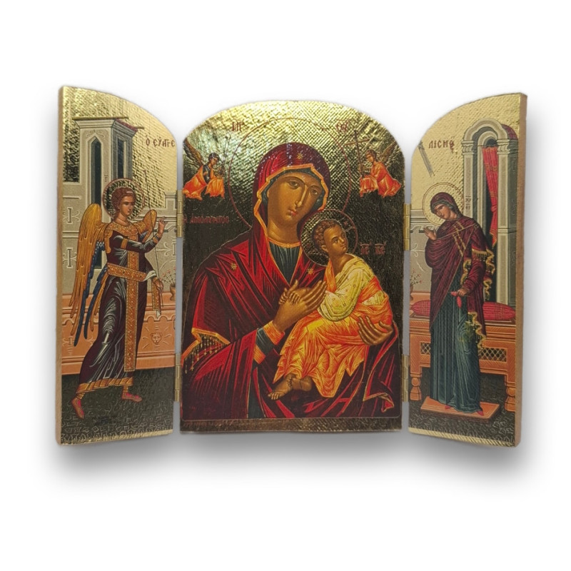 Dřevěný triptych s ikonou Panny Marie a Zvěstováním