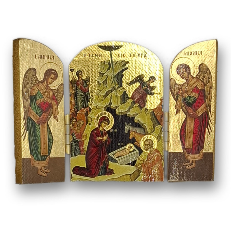 Pozlacený řecký triptych - Narození Páně, 10 x 7 cm