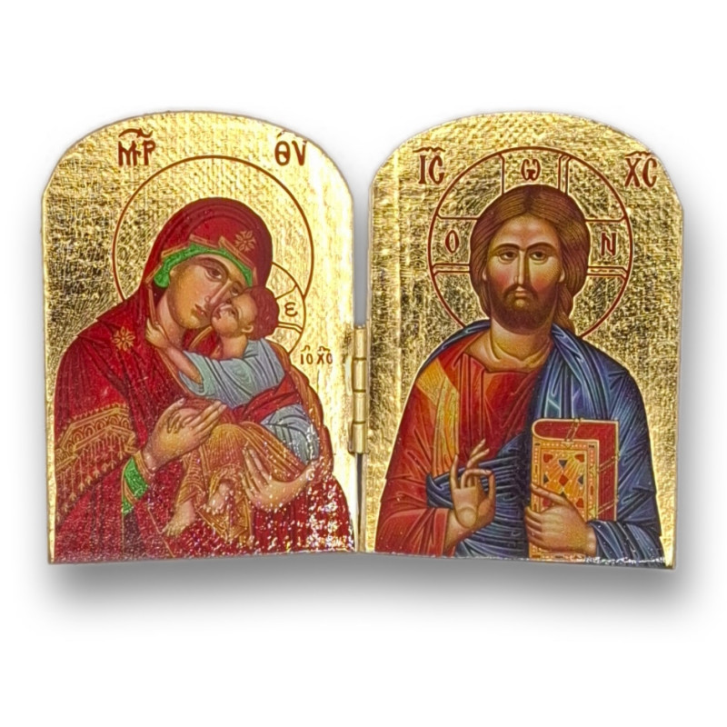 Pozlacený řecký diptych - Matka Boží a Kristus Pantokrator, 10 x 7 cm