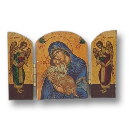 Řecký triptych - Matka Boží Eleousa s archanděly Michaelem a Gabrielem, 7,5 x 5 cm