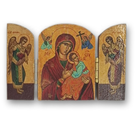 Řecký dřevěný triptych - Matka Boží a andělé, 7,5 x 5 cm