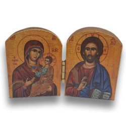 Řecký dřevěný diptych - Matka Boží Hodegetria a Kristus Pantokrator, 7,5 x 5 cm