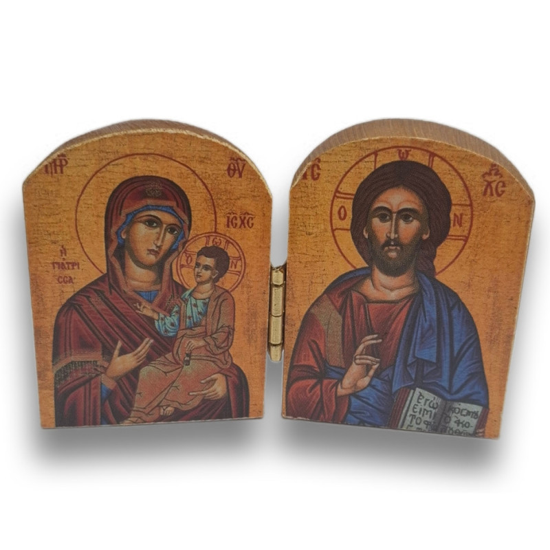 Řecký dřevěný diptych - Matka Boží Hodegetria a Kristus Pantokrator, 7,5 x 5 cm