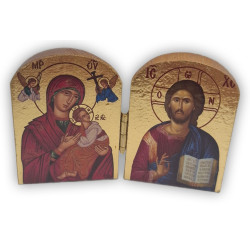 Elegantní dřevěný diptych s pozlaceným podkladem - Panna Maria s dítětem a Kristus Pantokrator, 7,5 x 5 cm