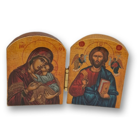 Tradiční řecký diptych - Bohorodička s dítětem a Kristus obklopený anděly, 7,5 x 5 cm