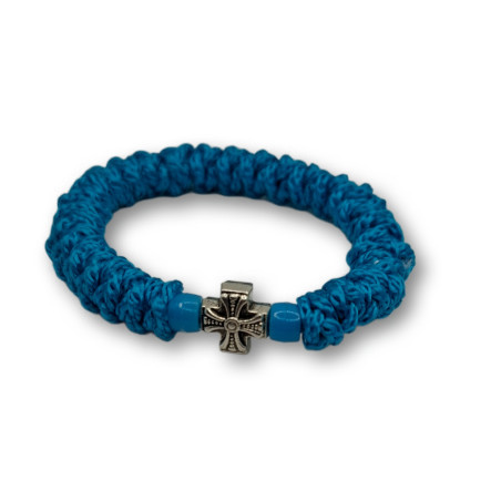 Ortodoxní modrý modlitební náramek - Elastický, modrý se saténem a křížkem