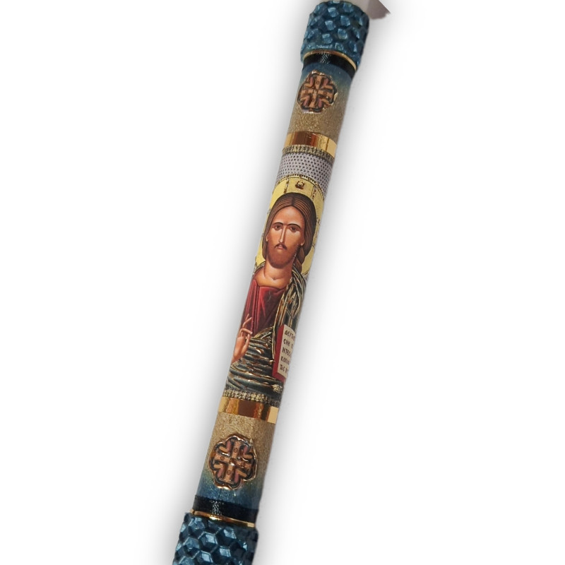 Svíce s ikonou Krista Pantokratora – modrozlatý akcent a hluboký duchovní výraz