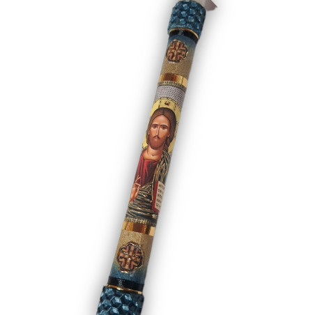 Svíce s ikonou Krista Pantokratora – modrozlatý akcent a hluboký duchovní výraz