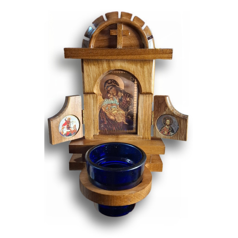 Dřevěný ikonostas s otevíracími dvířky, ikonou Panny Marie