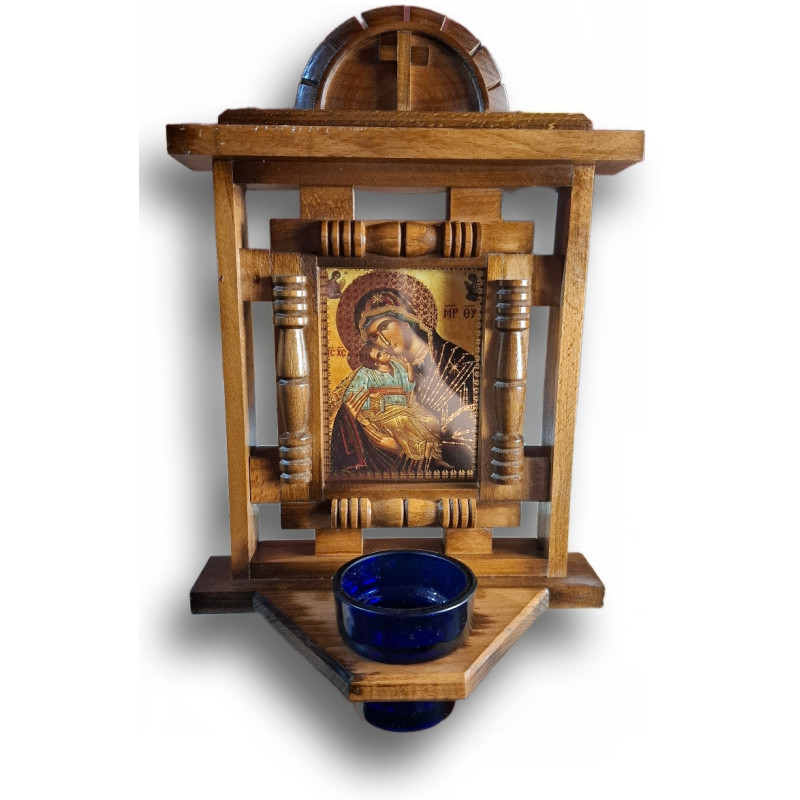 Dřevěná ikona Panny Marie s olejovým skleněným pohárkem