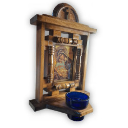 Dřevěná ikona Panny Marie s olejovým skleněným pohárkem