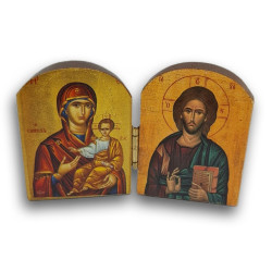 Dřevěný řecký diptych s ikonami Krista Pantokratora a Panny Marie s Dítětem