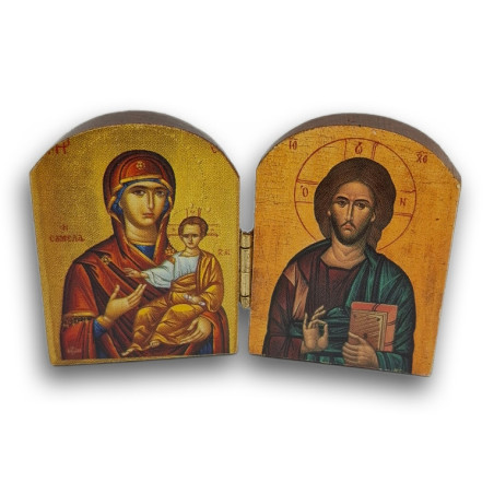 Dřevěný řecký diptych s ikonami Krista Pantokratora a Panny Marie s Dítětem