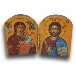 Dřevěný řecký diptych – Kristus Pantokrator a Panna Maria Ustavičné Pomoci (v červeném rouchu)