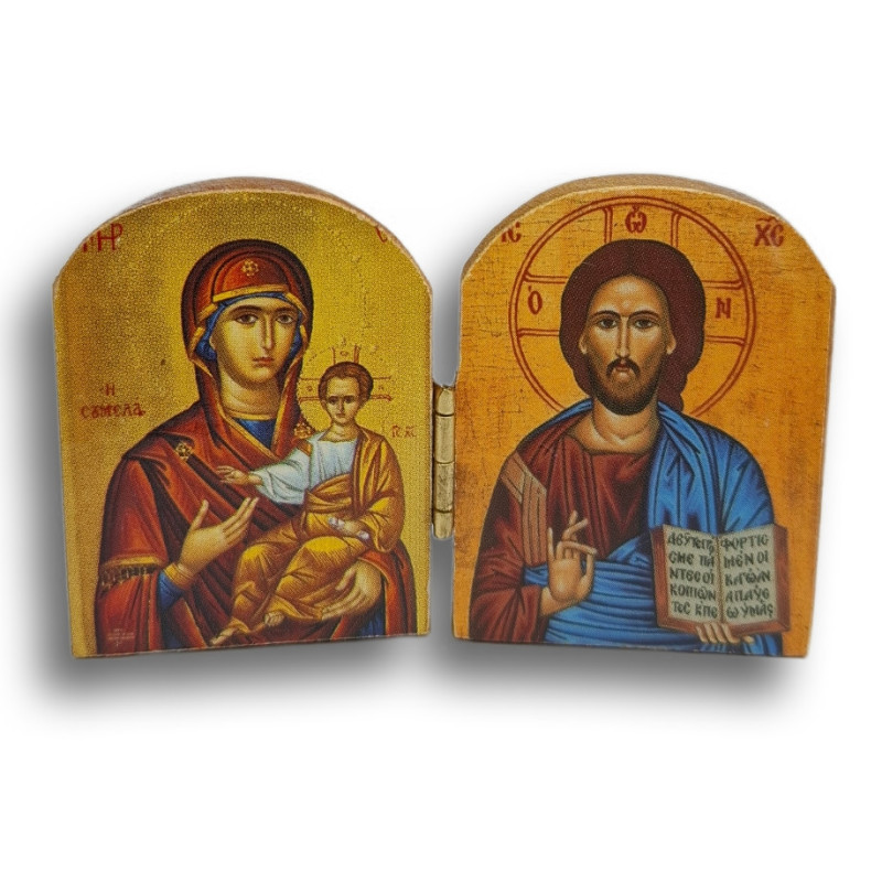 Dřevěný řecký diptych – Kristus Pantokrator a Panna Maria „Ukazující Cestu“ (Hodigitria)