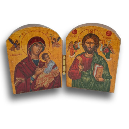 Dřevěný řecký diptych – Kristus Pantokrator a Panna Maria „Utěšitelka“ (Paramythia)