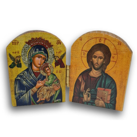 Dřevěný řecký diptych – Kristus Pantokrator a Panna Maria Ustavičné Pomoci s korunou