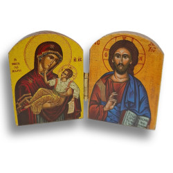 Dřevěný řecký diptych – Kristus Pantokrator a Panna Maria „Velké Milosti“ (Panagia Megalócharis)
