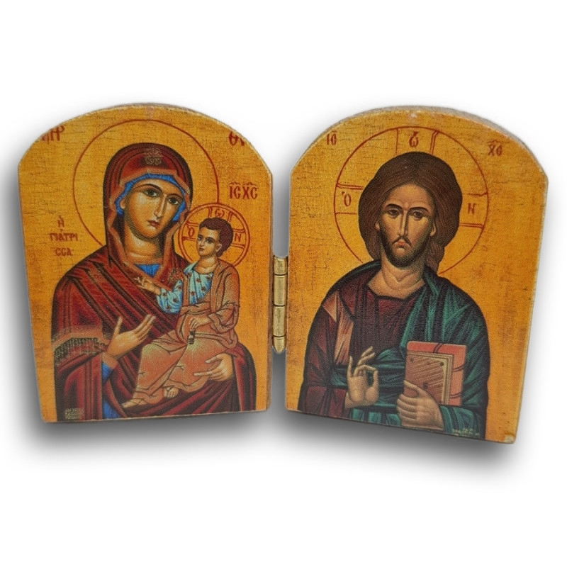 Dřevěný řecký diptych – Kristus Pantokrator a Panna Maria „Tvá Matka“ (Η ΜΗΤΗΡ ΣΟΥ)