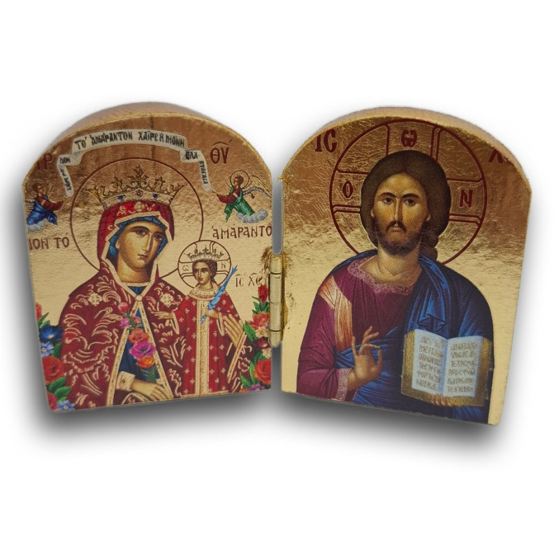 Dřevěný řecký diptych – Kristus Pantokrator a Panna Maria „Neuvadlá Květina“ – ručně vyřezávaný