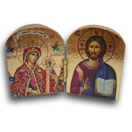 Dřevěný řecký diptych – Kristus Pantokrator a Panna Maria „Neuvadlá Květina“ – ručně vyřezávaný