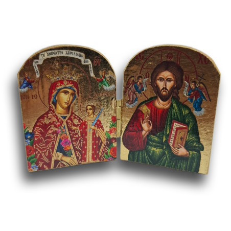 Dřevěný řecký diptych – Kristus Pantokrator a Panna Maria „Neuvadlá květina“ s anděly