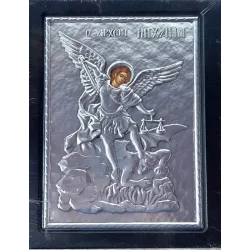 Kovová ikona Svatého archanděla Michaela bojujícího s ďáblem