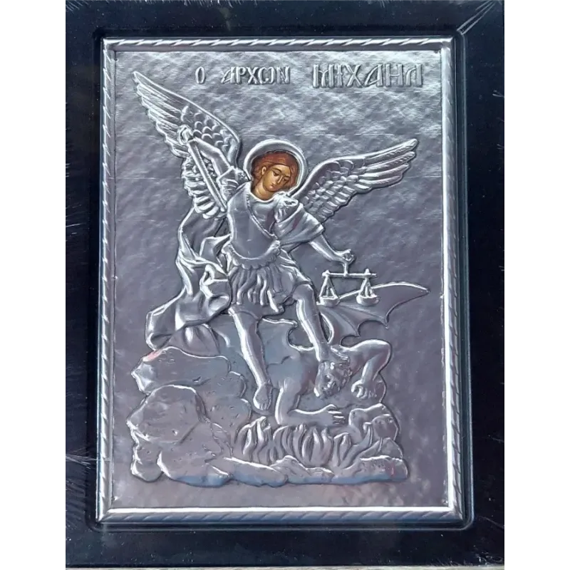 Kovová ikona Svatého archanděla Michaela bojujícího s ďáblem