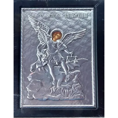 Kovová ikona Svatého archanděla Michaela bojujícího s ďáblem