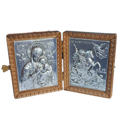 Kovový diptych – Panna Maria s Ježíškem & sv. Demetrios