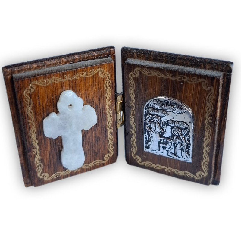 Diptych – Ortodoxní tradiční amulet se Zvěstováním a mramorovým křížem (4 × 5 cm)