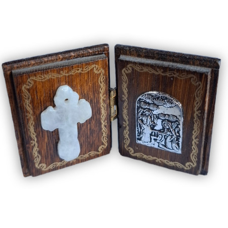 Diptych – Ortodoxní tradiční amulet se Zvěstováním a mramorovým křížem (4 × 5 cm)