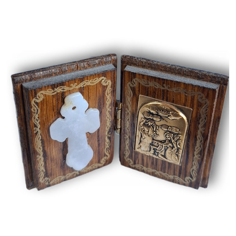 Diptych – Ortodoxní tradiční amulet se Zvěstováním a mramorovým křížem (4 × 5 cm)