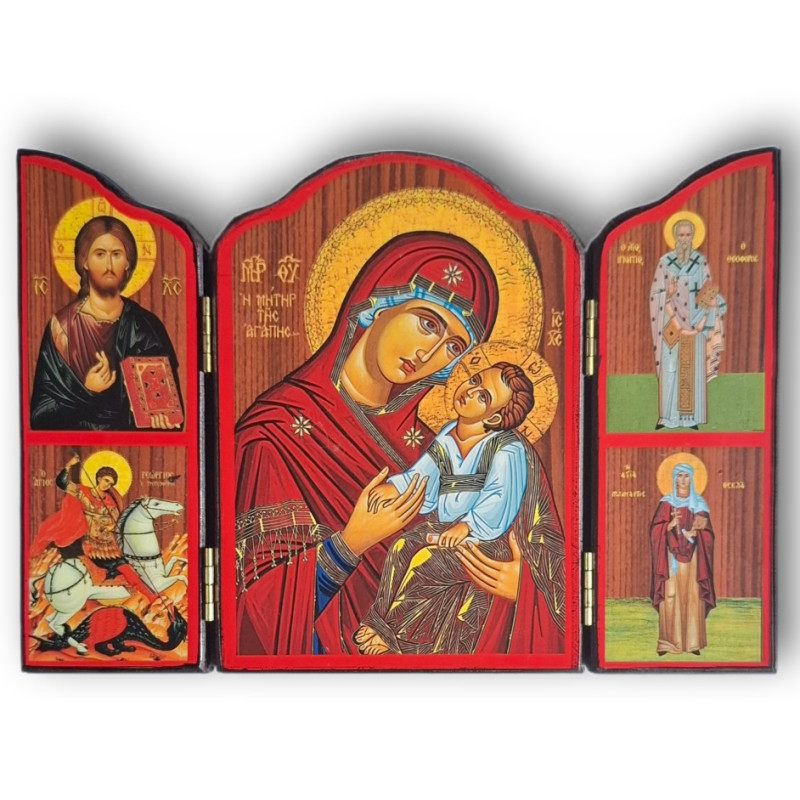 Dřevěný triptych – Panna Maria Matka Lásky se světci