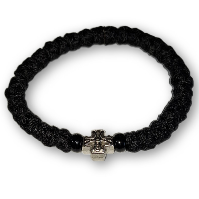 Ortodoxní modlitební náramek - Vlna, černý s křížkem a korálky
