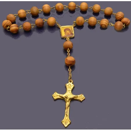 Dřevěný růženec s ikonou a pozlaceným křížem