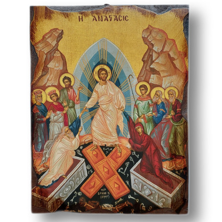 Ikona Sestoupení Krista do říše podsvětí s vyřezávaným rámem