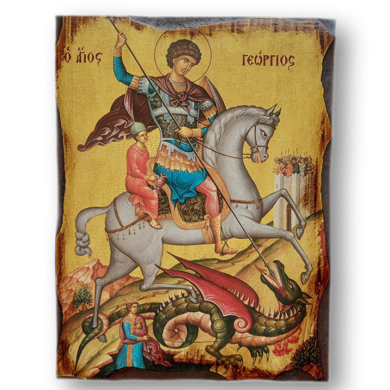 Ikona Svatý Jiří bojující se zlem s vyřezávaným rámem