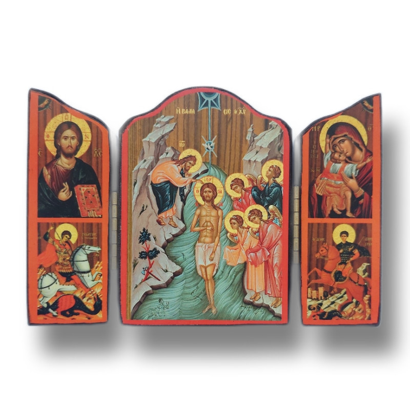 Triptych - Křest Páně s ikonami Krista Vševládce, sv. Jiří, Panny Marie a sv. Demetria