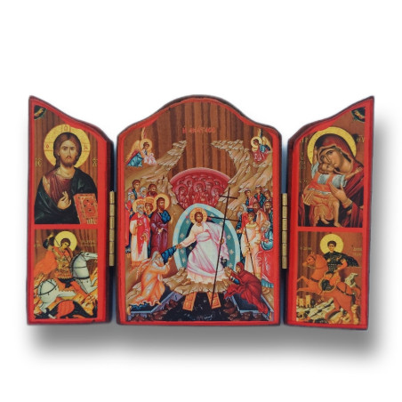 Triptych - Sestoupení Krista do podsvětí s ikonami Krista Vševládce, sv. Jiří a sv. Demetria