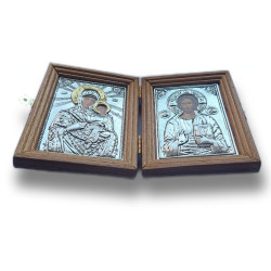 Diptych dřevěný s kovovými ikonami Krista a Panny Marie