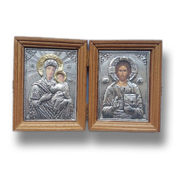 Diptych dřevěný s kovovými ikonami Krista a Panny Marie