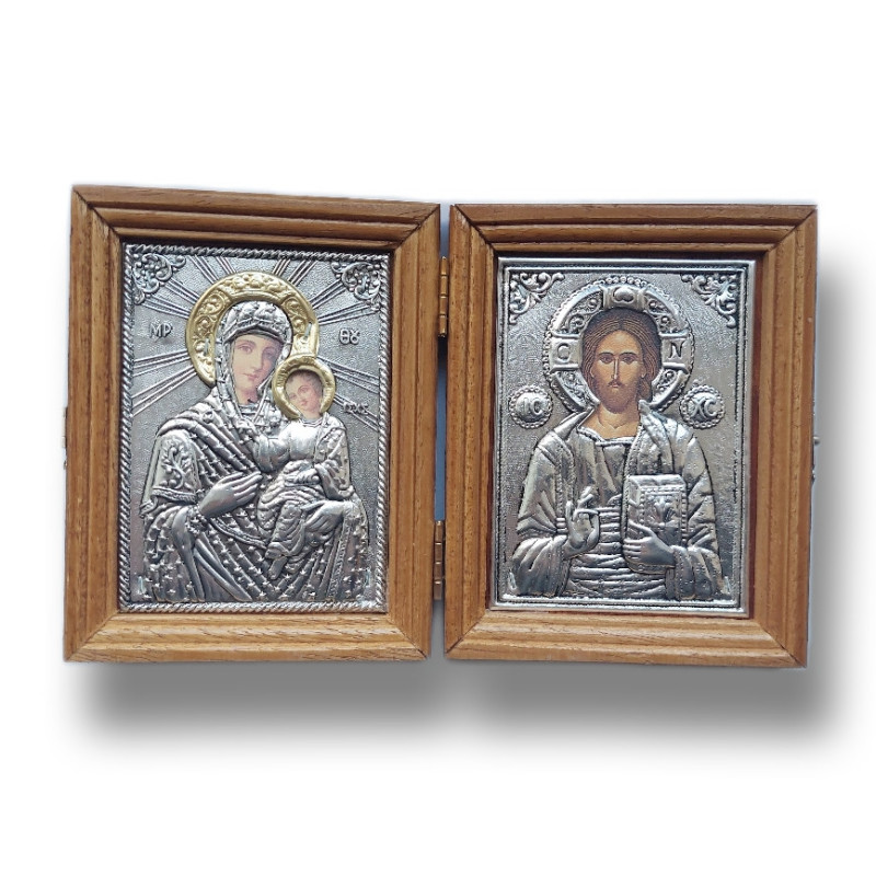 Diptych dřevěný s kovovými ikonami Krista a Panny Marie